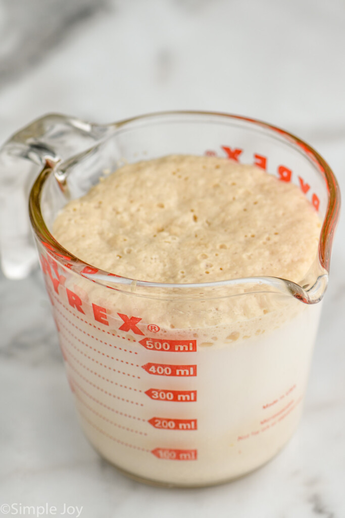 Glass measuring cup of yeast proofing to make Cinnamon Bread