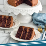 Pinterest graphic for Chocolate Cake. Image shows a frosted chocolate cake on a cake stand with two plates with pieces of layered chocolate cake and two forks sitting in front. Says "the best Chocolate Cake simplejoy.com"