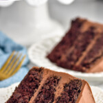 Pinterest graphic for Chocolate Cake. Text says "the best Chocolate Cake simplejoy.com" Image shows a piece of layered chocolate cake on a plate with a piece and a fork sitting in background