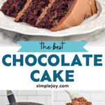 Pinterest graphic for Chocolate Cake. Top image shows piece of layered chocolate cake with frosting on a plate. Says "the best Chocolate Cake simplejoy.com" Lower images show spatula frosting a layered chocolate cake sitting on a cake stand