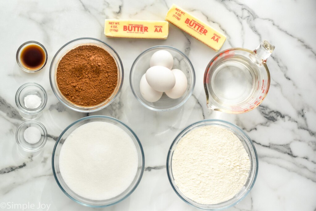 overhead of Chocolate Cake ingredients