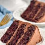 close up of piece of chocolate cake on a plate with plate of chocolate cake sitting behind