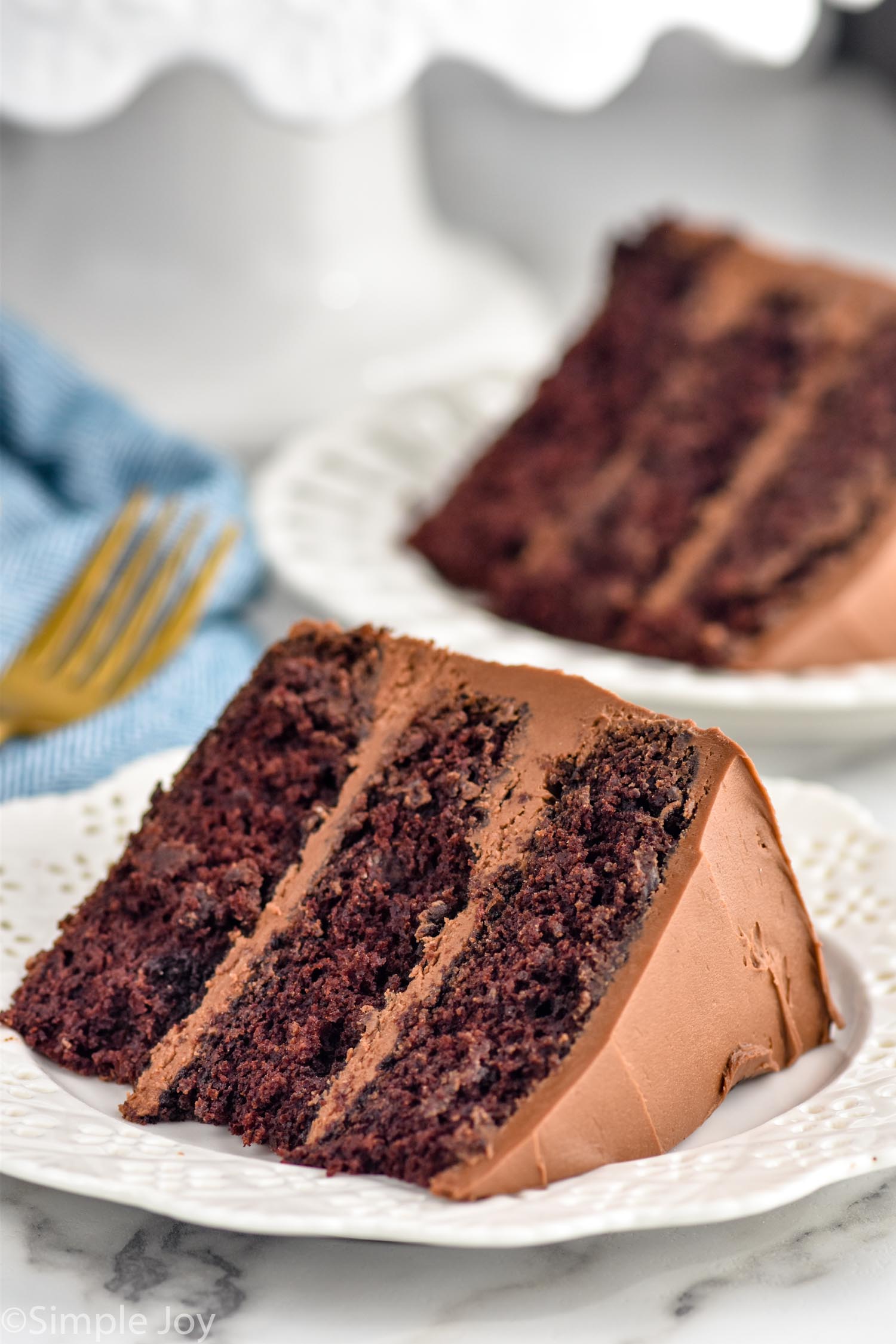 close up of piece of chocolate cake on a plate with plate of chocolate cake sitting behind