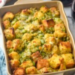 Casserole dish of Cornbread Stuffing