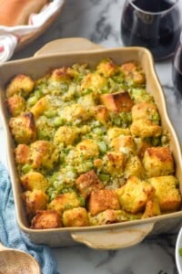 Casserole dish of Cornbread Stuffing