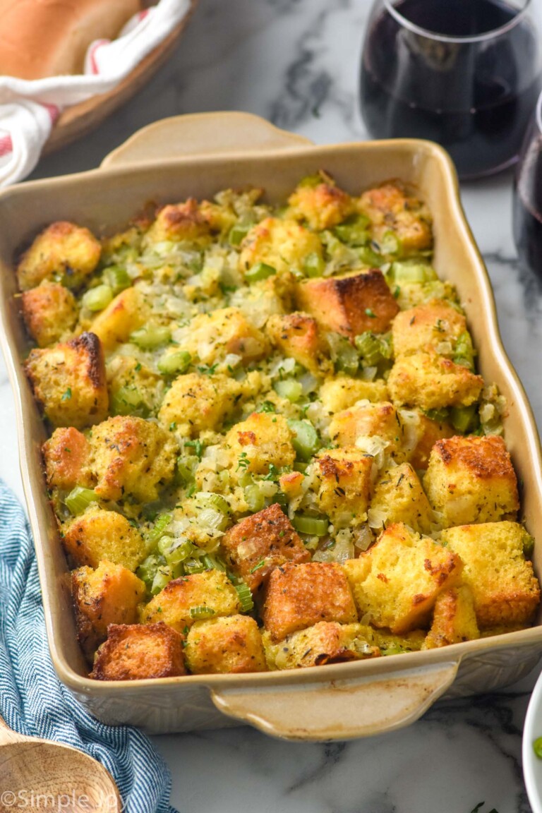 Casserole dish of Cornbread Stuffing