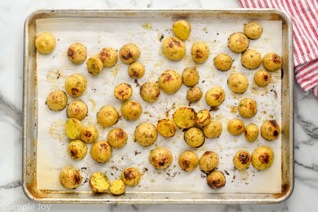 overhead of baking sheet of Ranch Potatoes