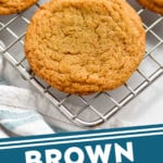 Pinterest graphic for Brown Sugar Cookies. Image shows Brown Sugar Cookies on a wire cooling rack. Text says "brown sugar cookies simplejoy.com"