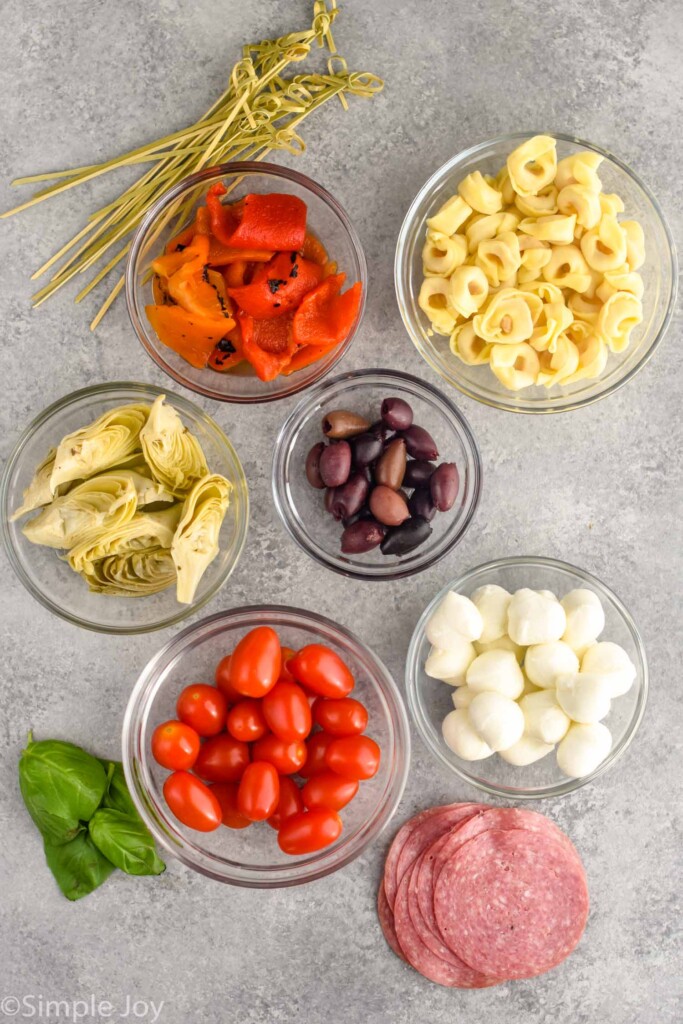 overhead of ingredients to make Antipasto Skewers