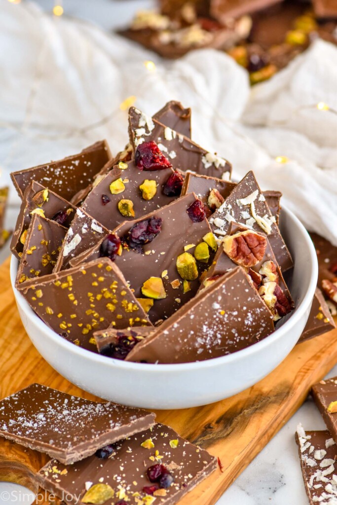 bowl of pieces of chocolate bark topped with dried cranberries, nuts, and salt. Piece of chocolate bark sitting in front of bowl and in background