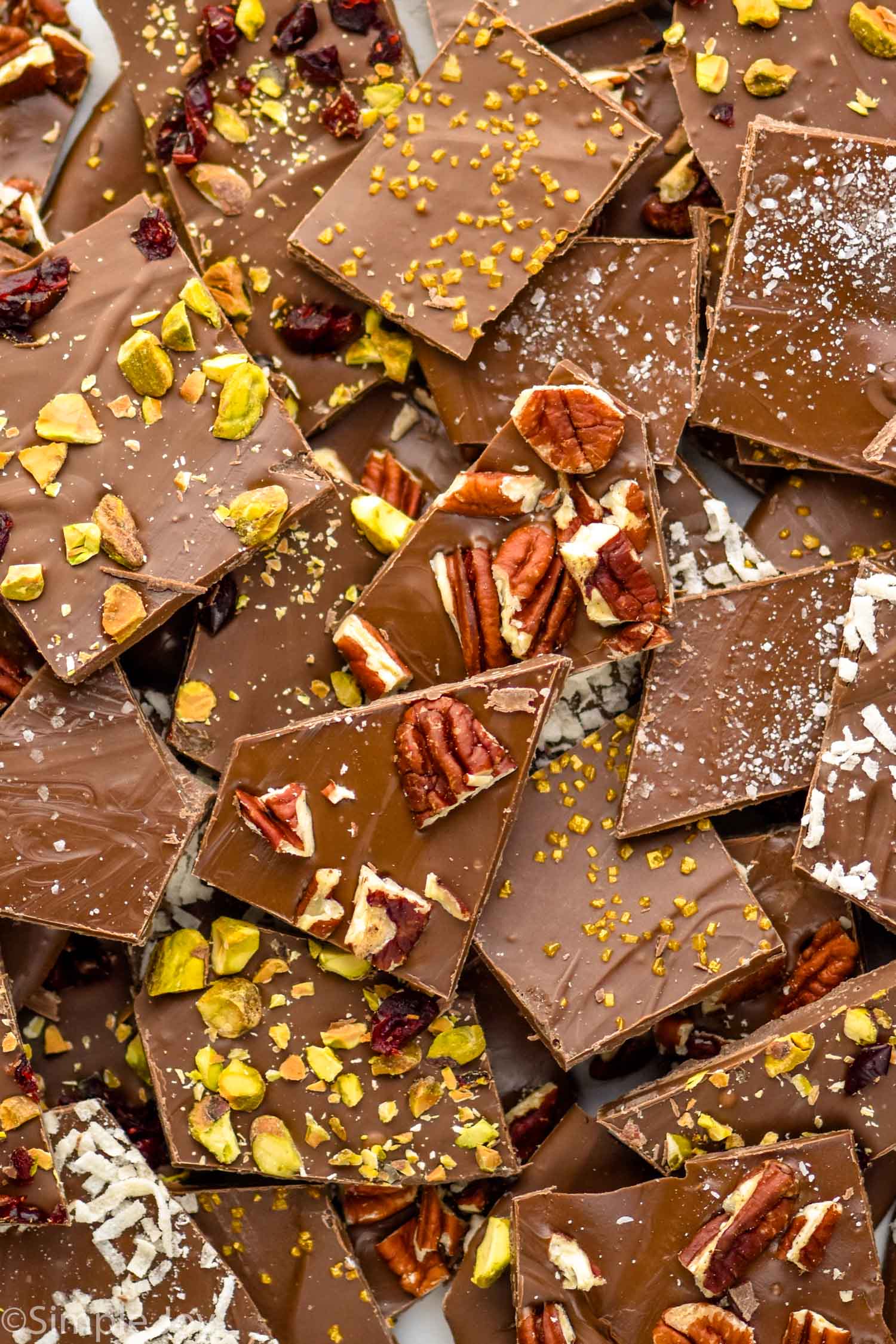 pieces of chocolate bark topped with chopped nuts, dried berries, dried coconut, and salt