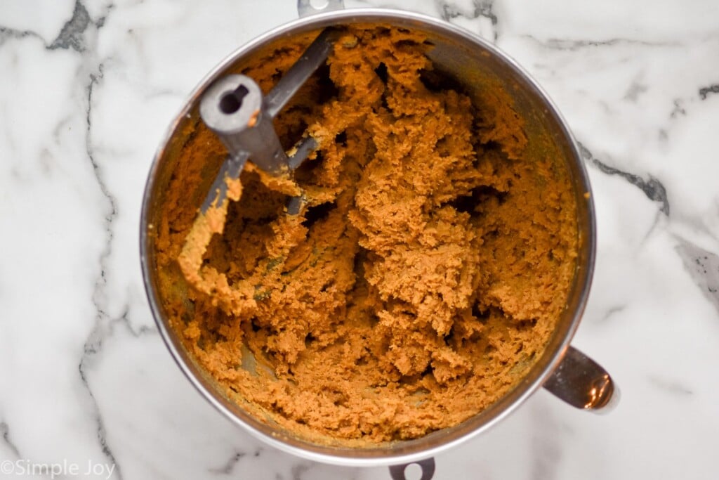 overhead of mixing bowl with Brown Sugar Cookies dough and mixer