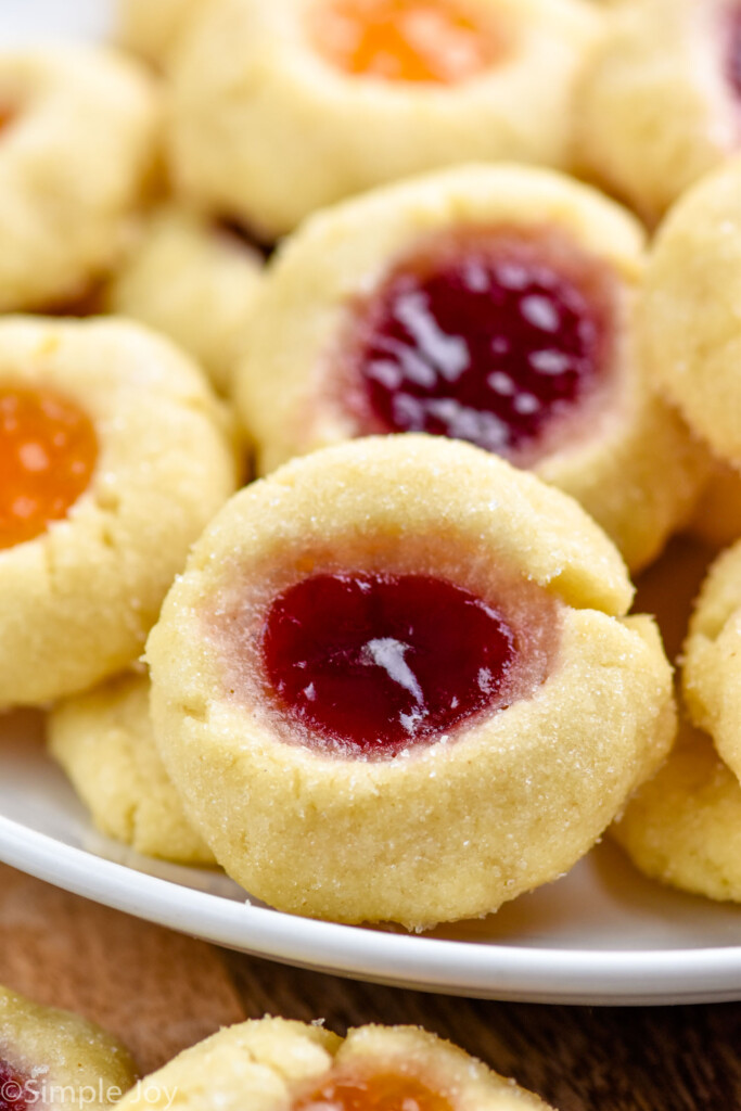 Close up photo of Thumbprint Cookies on a plate.