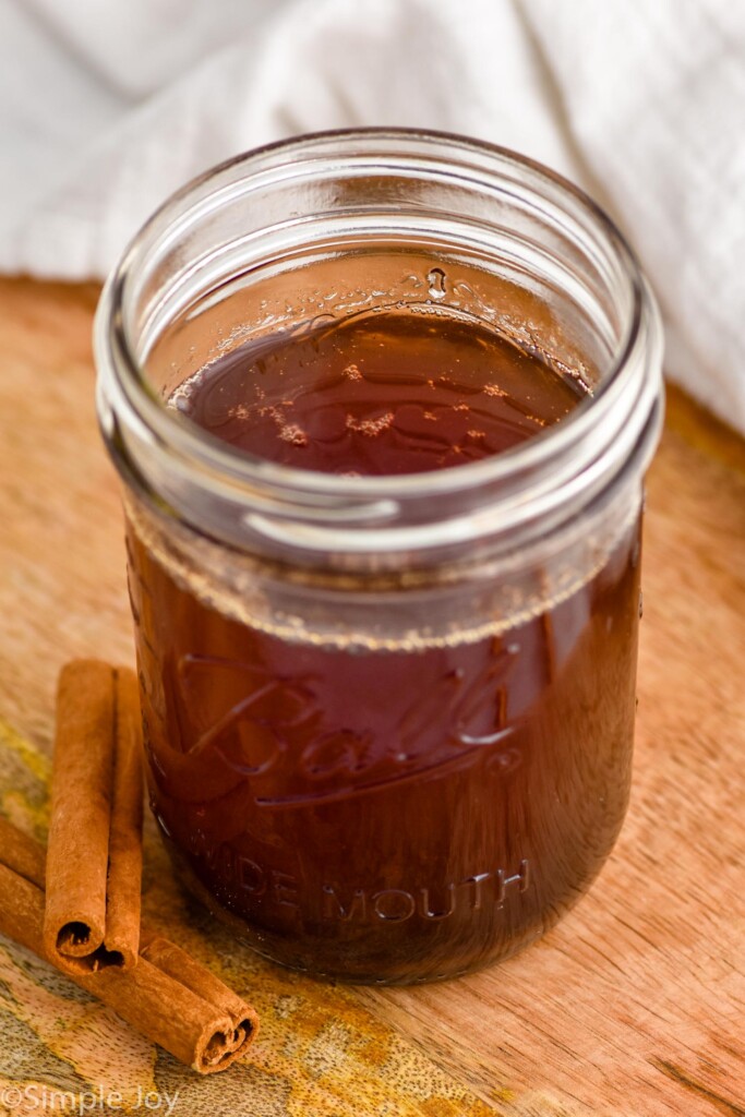 close up of a jar of cinnamon syrup recipe