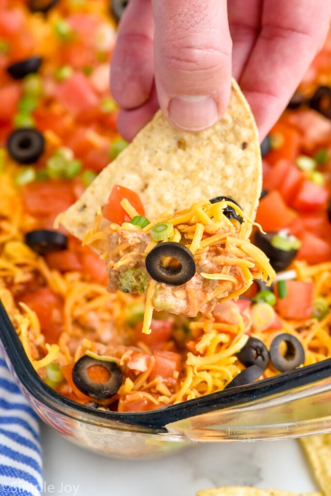 Close up photo of person's hand holding chip topped with seven layer dip with cheese, tomatoes, green onions, and black olives over glass dish of seven layer dip.