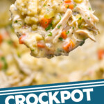 Pinterest graphic for Crockpot Chicken and Dumplings recipe. Image shows close up shot of a ladle of Crockpot Chicken and Dumplings over a crock pot of Crockpot Chicken and Dumplings recipe. Text says, "Crockpot Chicken and Dumplings simplejoy.com"