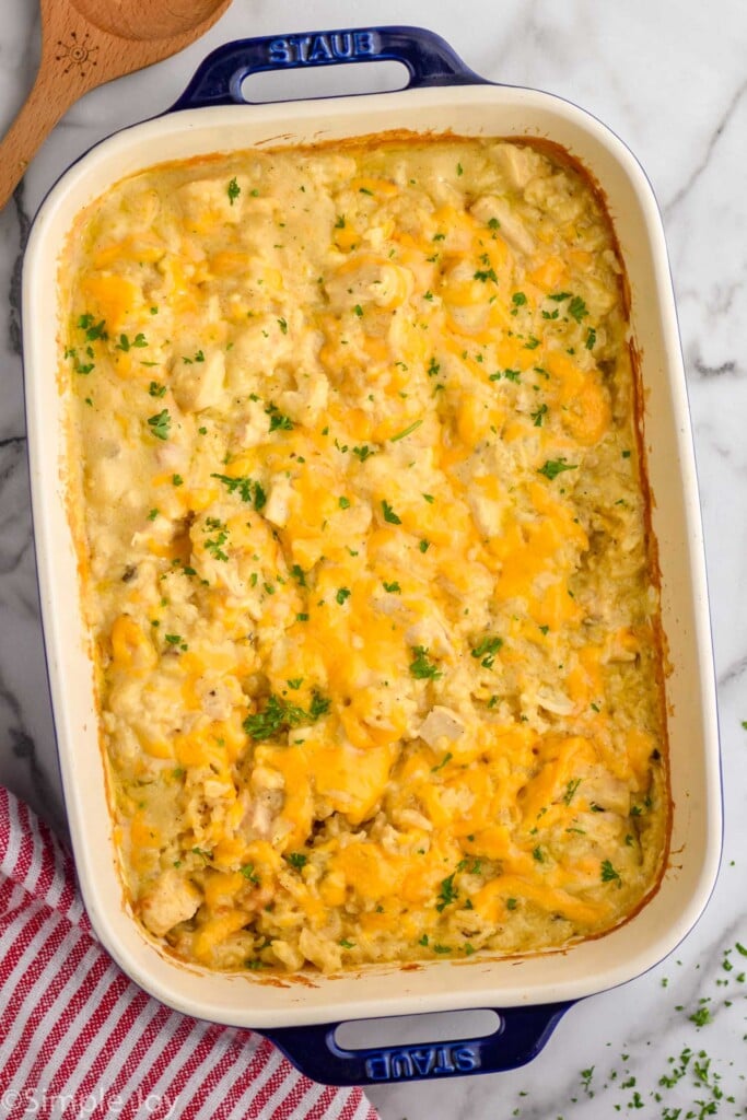 Overhead view of a baking dish of Chicken and Rice Casserole