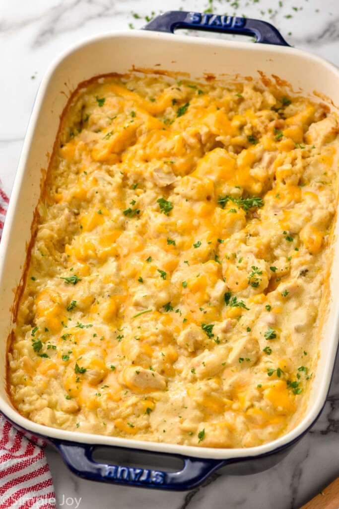 Baking dish of Chicken and Rice Casserole