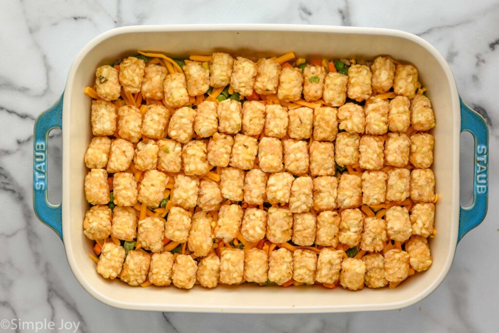 overhead of tater tot casserole ingredients topped with tater tots