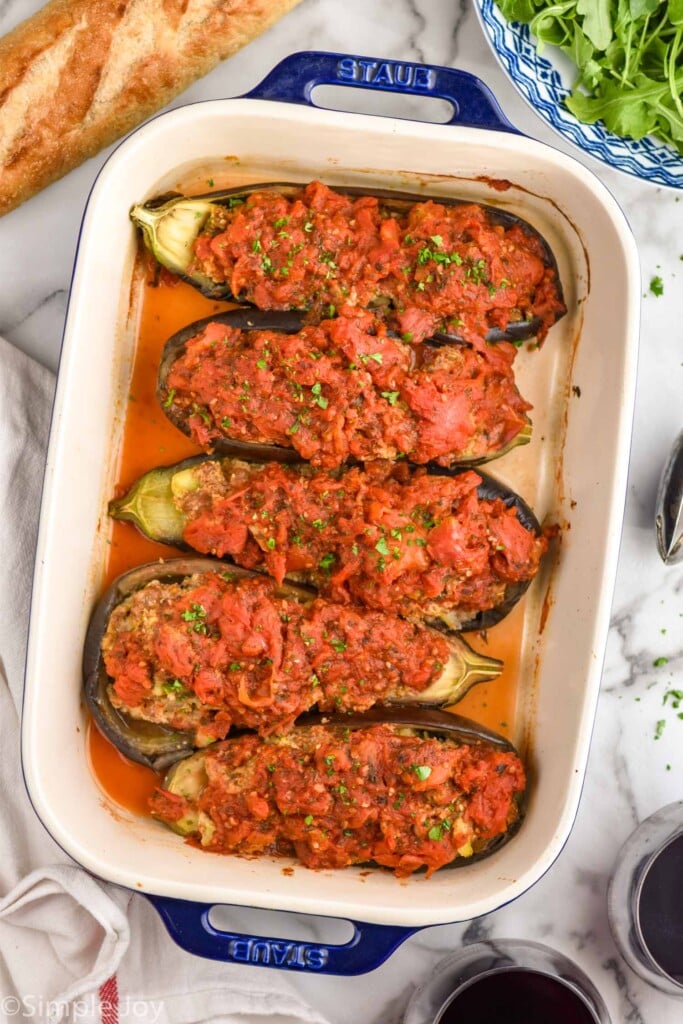 overhead of baking dish of stuffed eggplant