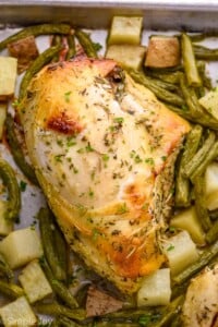 close up of a cooked cooked sheet pan chicken with potatoes and green beans around it