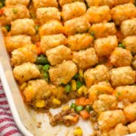 close up of baking dish of tater tot casserole