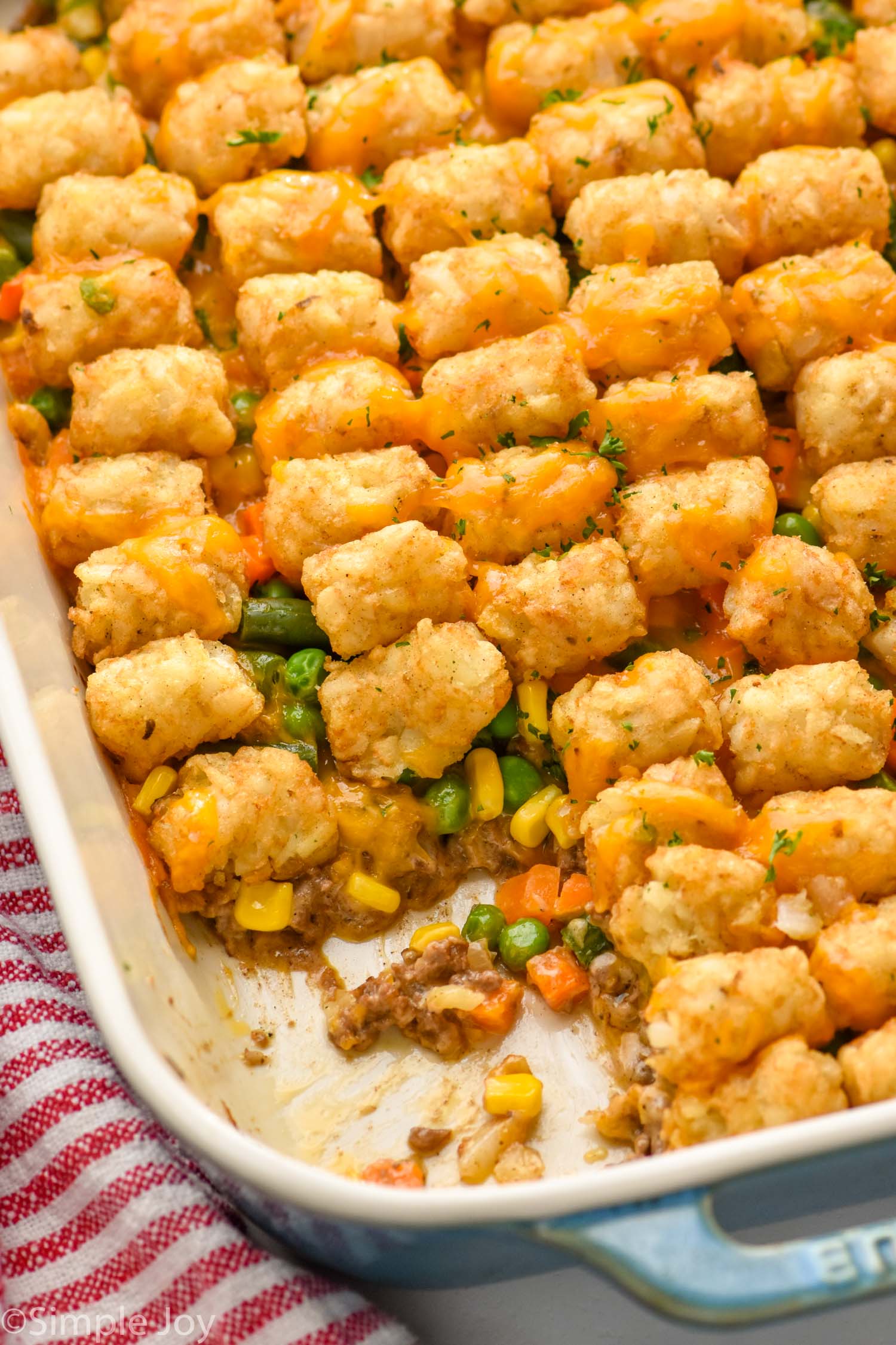 close up of baking dish of tater tot casserole