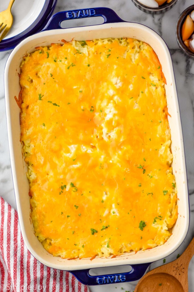 Overhead view of a baking dish of hashbrown casserole