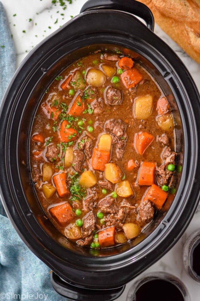 Overhead view of a slow cooker of Crockpot Beef Stew recipe