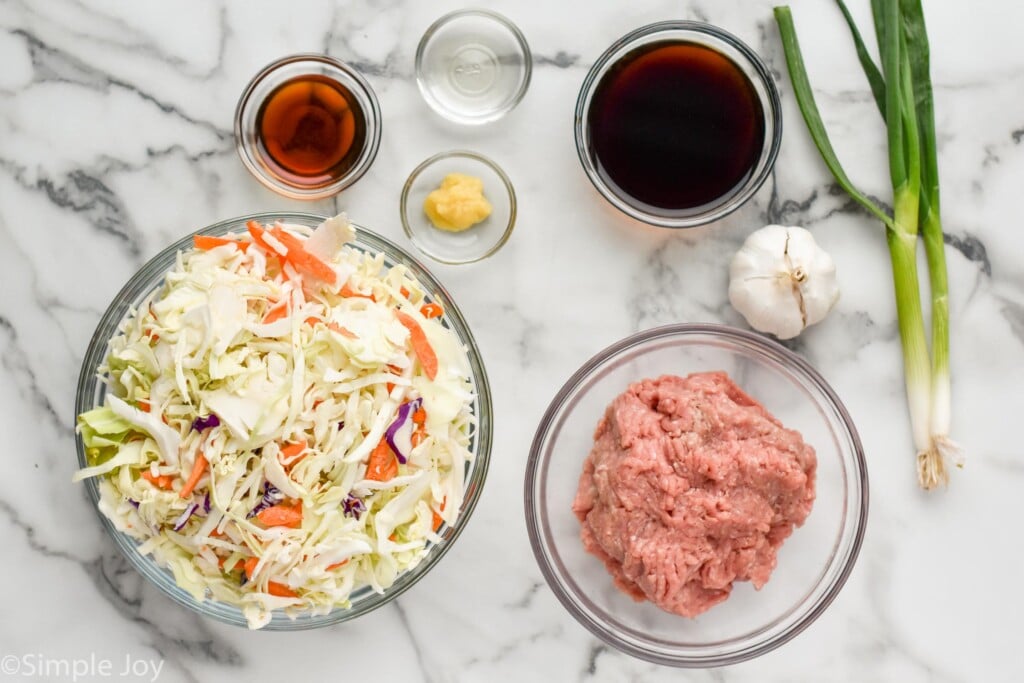 Overhead view of ingredients for Egg Roll in a Bowl recipe on counter top.