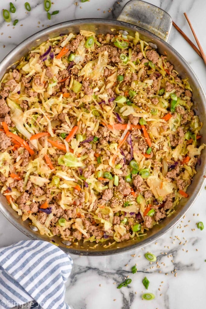 Overhead view of a skillet of Egg Roll in a Bowl