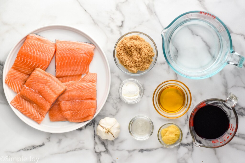 Overhead view of ingredients on countertop in preparation of Teriyaki Salmon recipe.