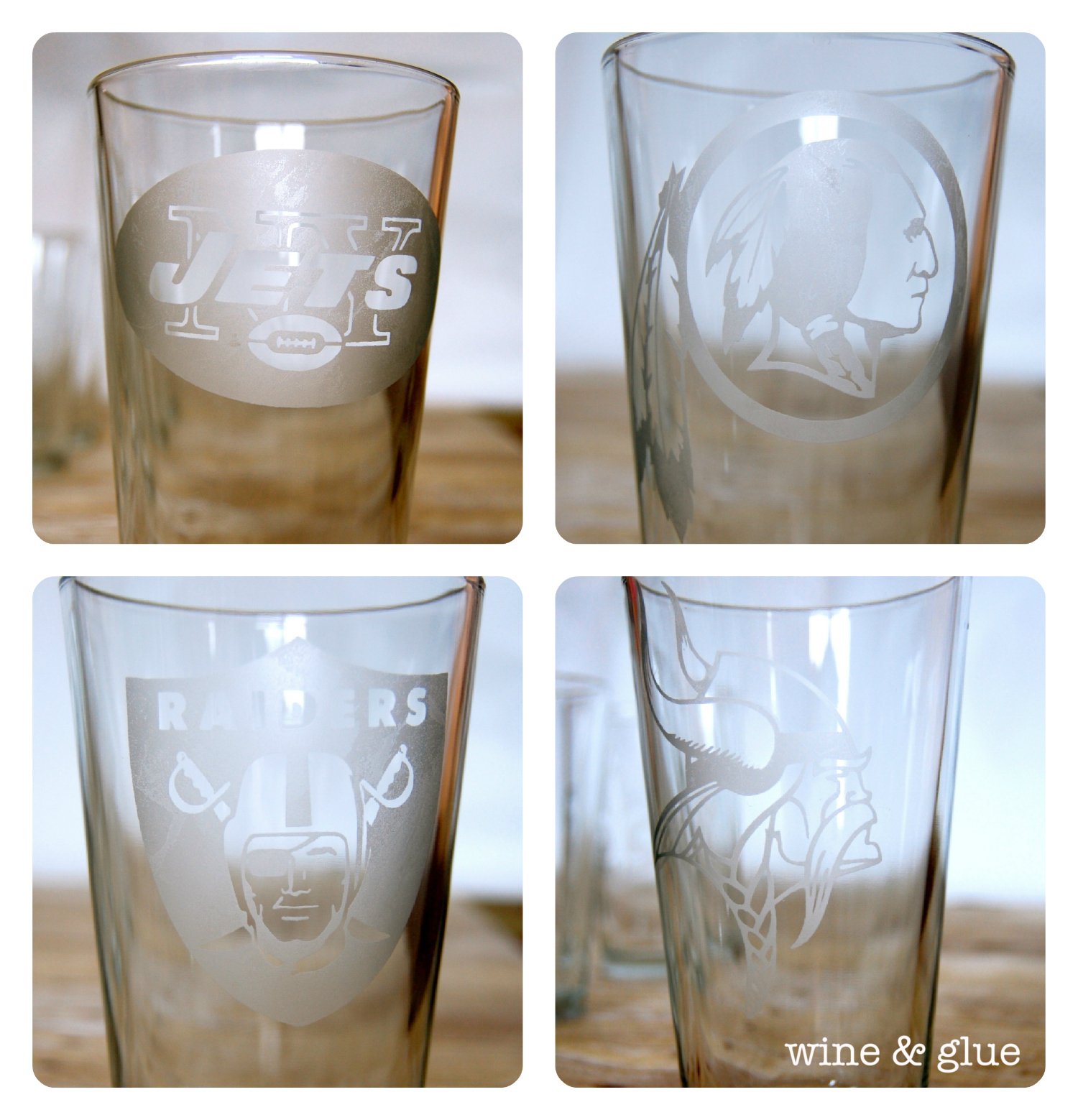 NFL Logo etched glasses from Wine & Glue #football #nfl #etched #glasses via @wineandglue