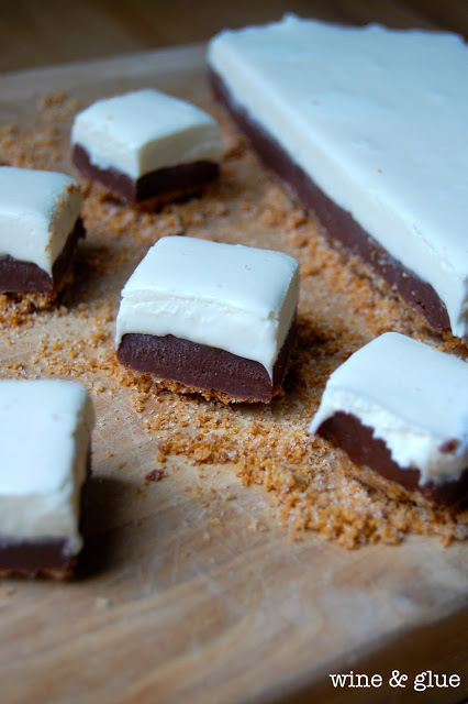 S'mores Fudge with a graham cracker crust and delicious marshmallow fudge topping sandwiching delicious chocolate fudge! via www.wineandglue.com