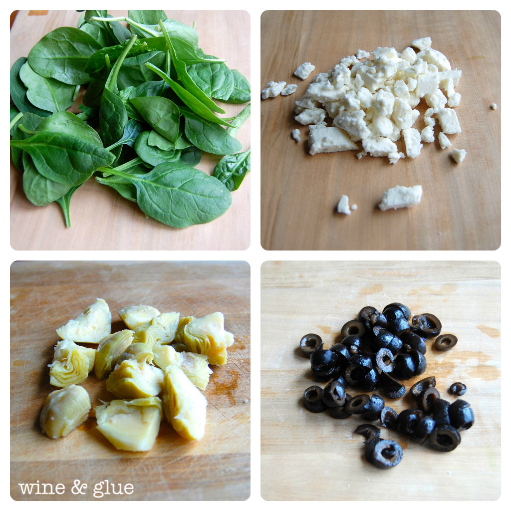 A collage of four pictures showing the toppings of spinach, feta cheese, and cut artichoke hearts, and sliced olives